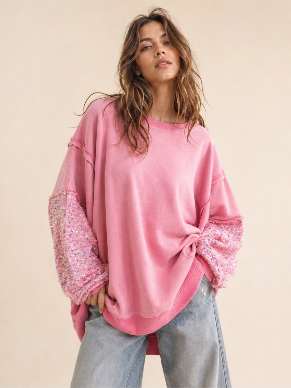 #222 New! Bluevelvet  Sequin Sleeve Oversized Sweatshirt
